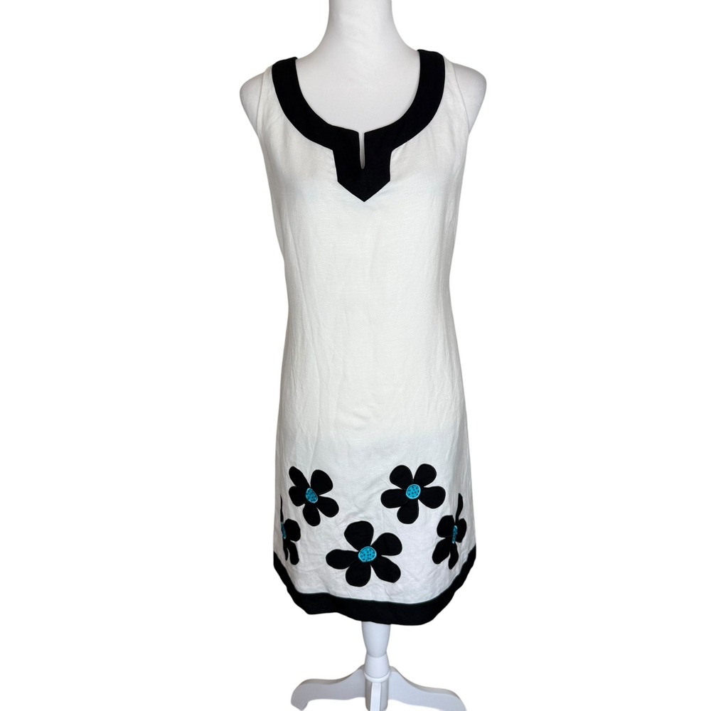 Willow Glenn NY White Linen Blend Floral Applique Shift Dress Black Trim Sz 12